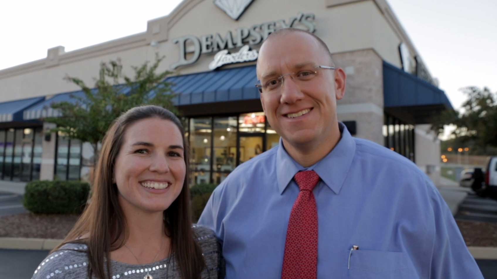 Chris and Kelly outside Dempsey's Jewelers